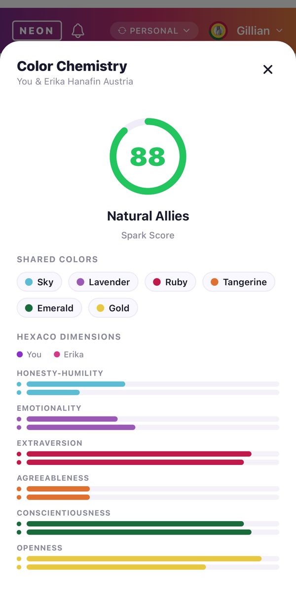 NEON ID Color Chemistry comparing two people's personality colors