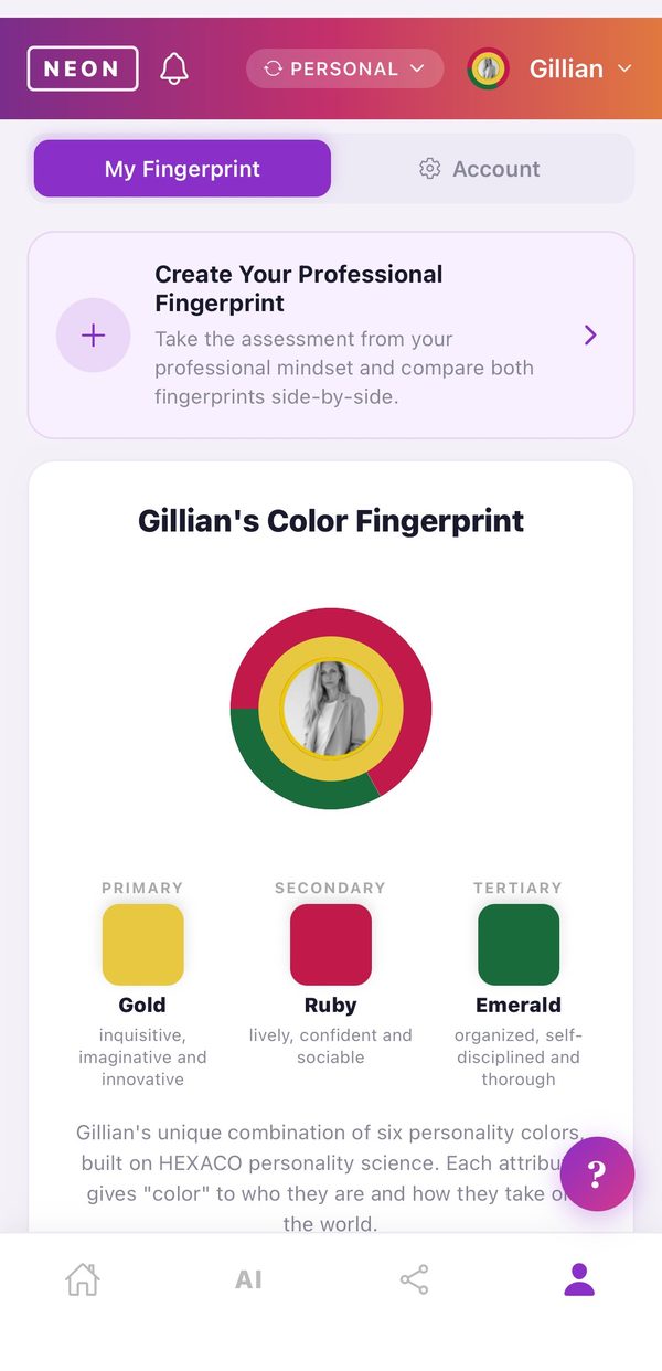 NEON ID app showing your Color Fingerprint