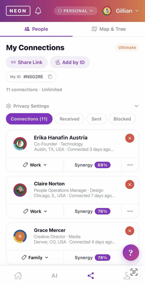 NEON ID My Connections list with Synergy scores